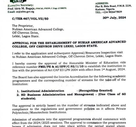 Lagos-based Nubian American Advanced College gets NBTE approval