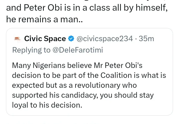 Dele Farotimi Reacts After Man Told Him To Stay Loyal And Respect Obi’s Decision To Join Coalition
