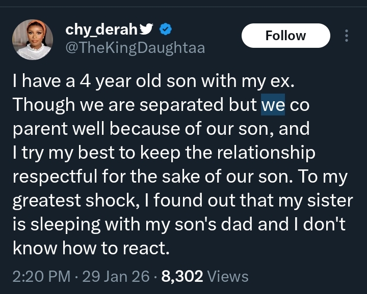 “I can’t forgive her” — Lady sparks outrage after discovering her sister is sleeping with her son’s dad