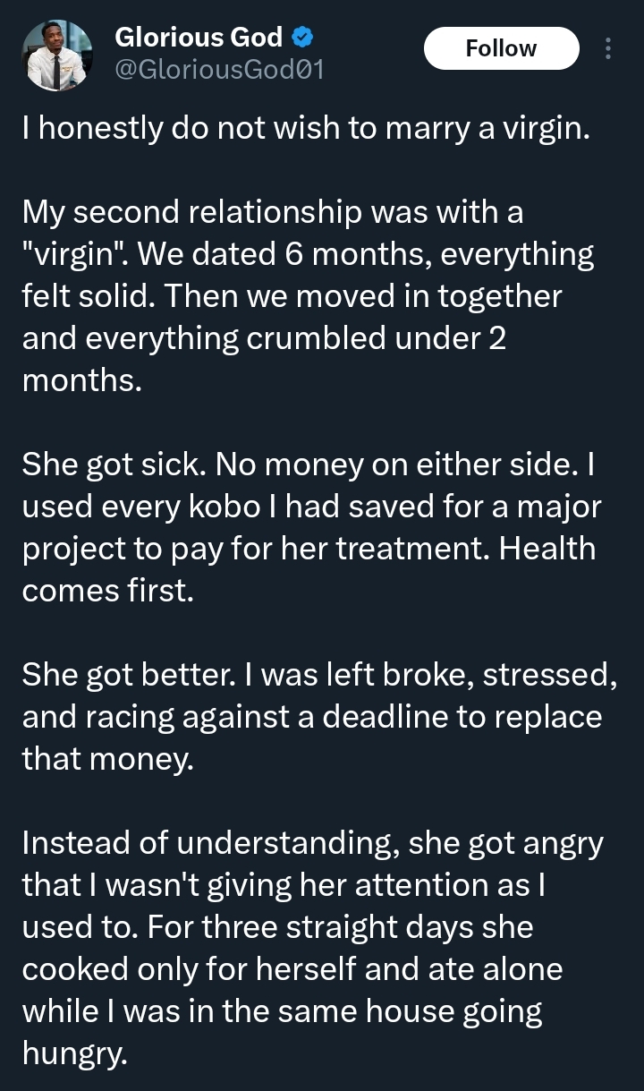 “I honestly do not wish to marry a virgin” — Man recounts heartbreaking experience with a virgin