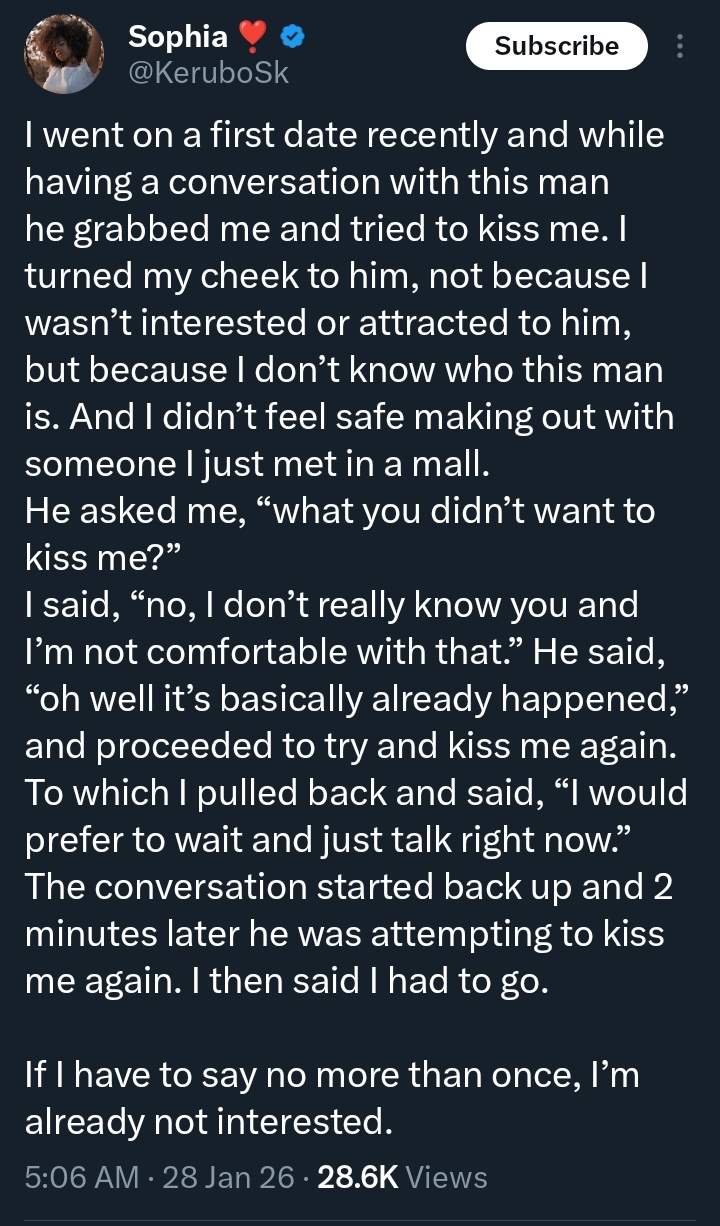 “I turned my cheek to him” — Lady recounts unexpected first date experience