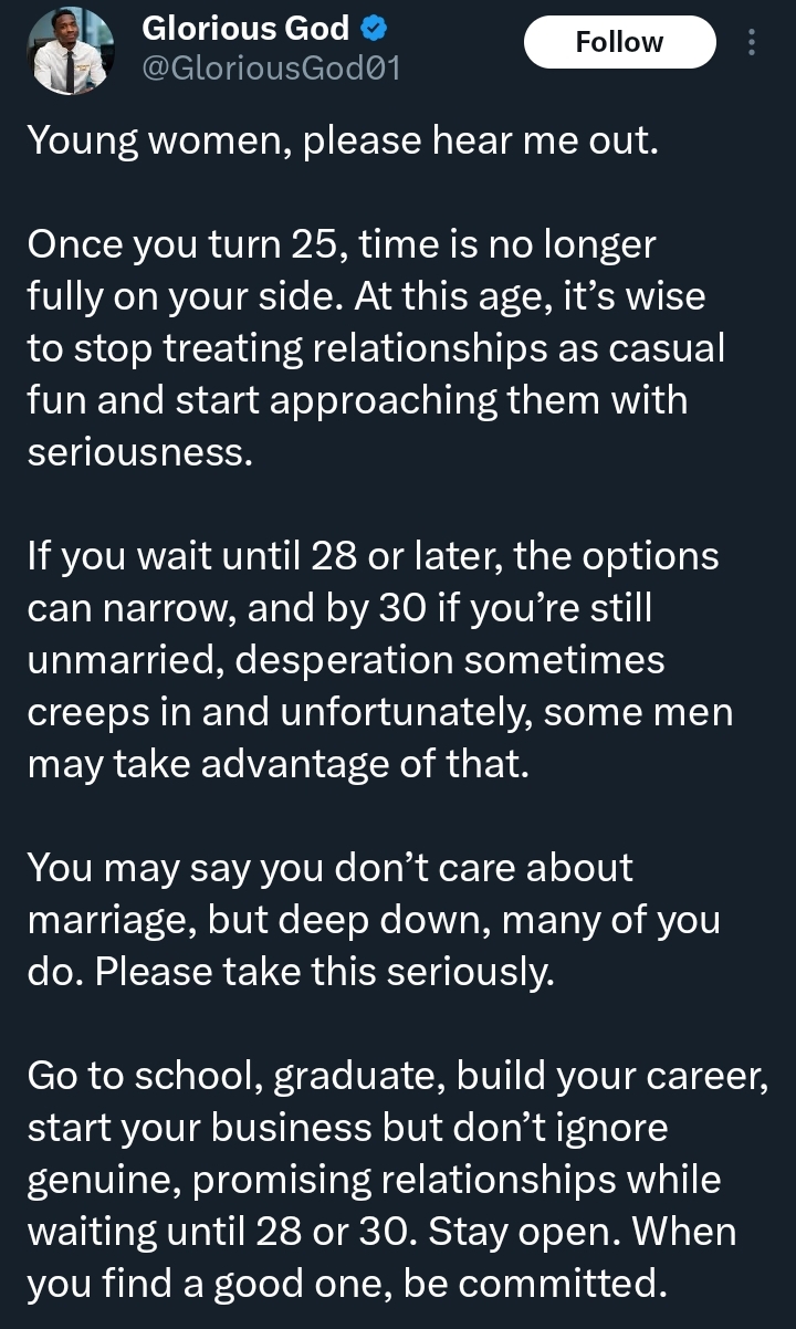 “Once you’re 25, time is not fully on your side” — Man advises young ladies
