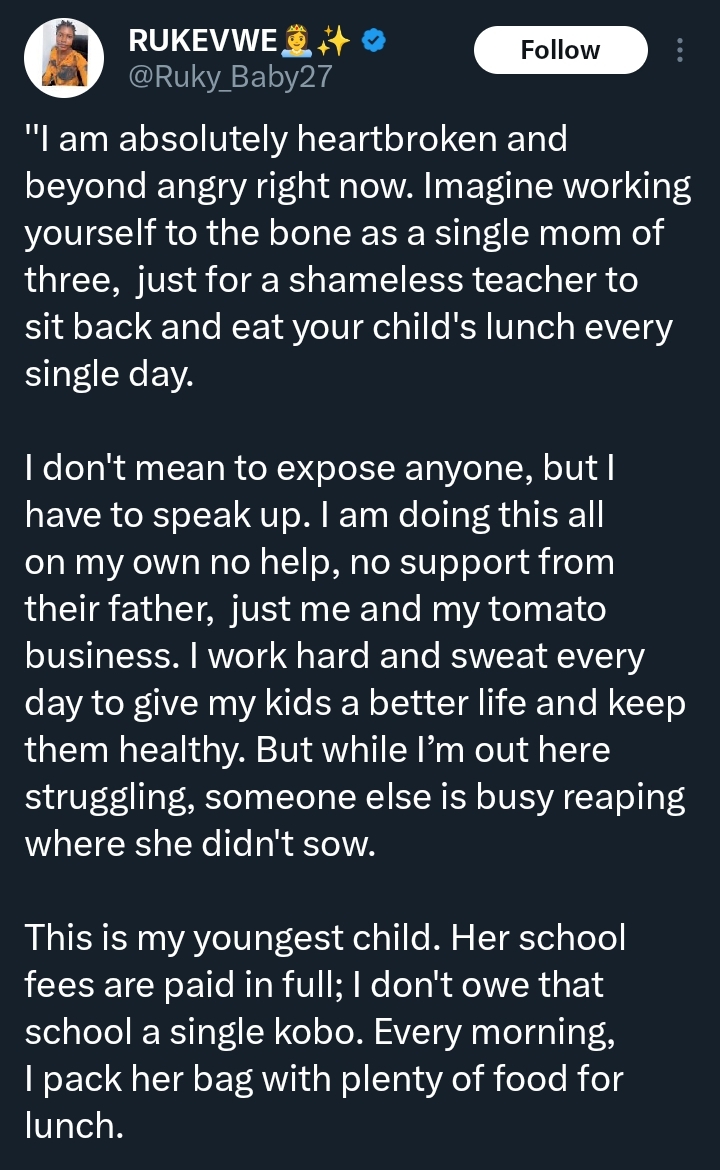Single mother accuses teacher of stealing her child’s lunch