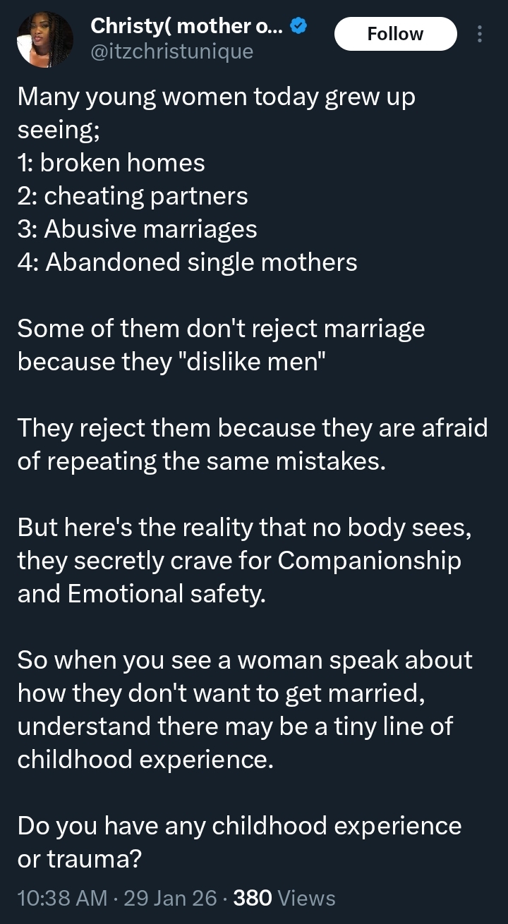 “Some young women don’t reject marriage because…” — Lady reveals why some ladies fear marriage
